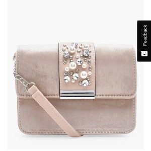 Pale pink velvet embellished crossbody bag
